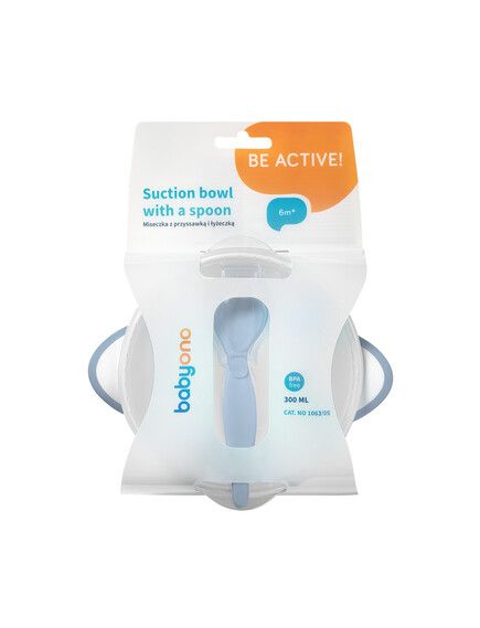 BABYONO Μπωλ Φαγητού Με Κουτάλι, Βεντούζα & Καπάκι Blue 300ml (6+ μηνών)