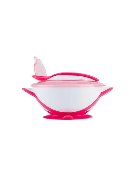 BABYONO Μπωλ Φαγητού Με Κουτάλι, Βεντούζα & Καπάκι Pink 300ml (6+ μηνών)