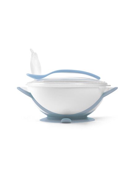 BABYONO Μπωλ Φαγητού Με Κουτάλι, Βεντούζα & Καπάκι Blue 300ml (6+ μηνών)