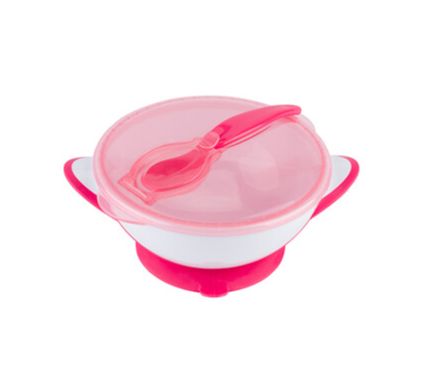 BABYONO Μπωλ Φαγητού Με Κουτάλι, Βεντούζα & Καπάκι Pink 300ml (6+ μηνών)