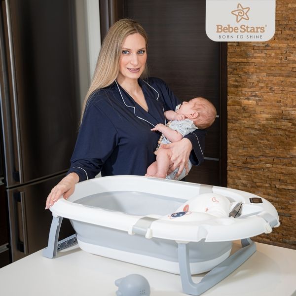 BEBE STARS Πτυσσόμενη Μπανιέρα Μωρού Με Θερμόμετρο Whale Olive