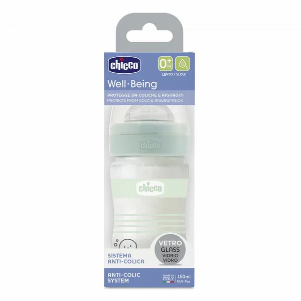 CHICCO Γυάλινο Μπιμπερό Well Being Mint Stripes 150ml (0+ μηνών)