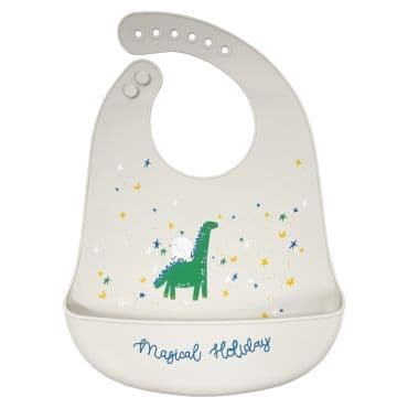 GAMBERRITOS Βρεφική Σαλιάρα Σιλικόνης Με Τσέπη Dinos Light Grey (4+ μηνών)