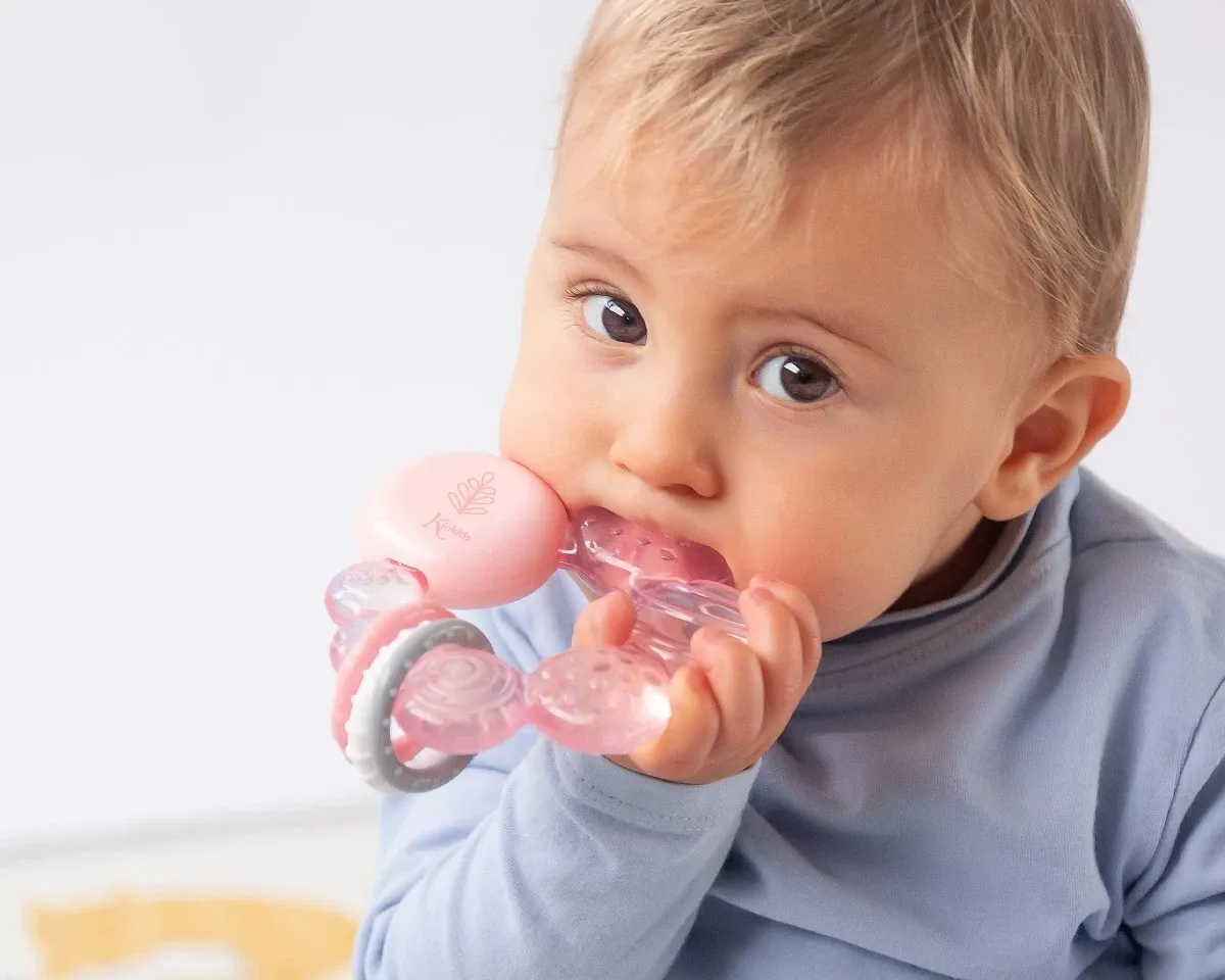 KIOKIDS Μασητικό Σιλικόνης Ψυγείου Για Μωρά Pink Leaf (4+ μηνών)