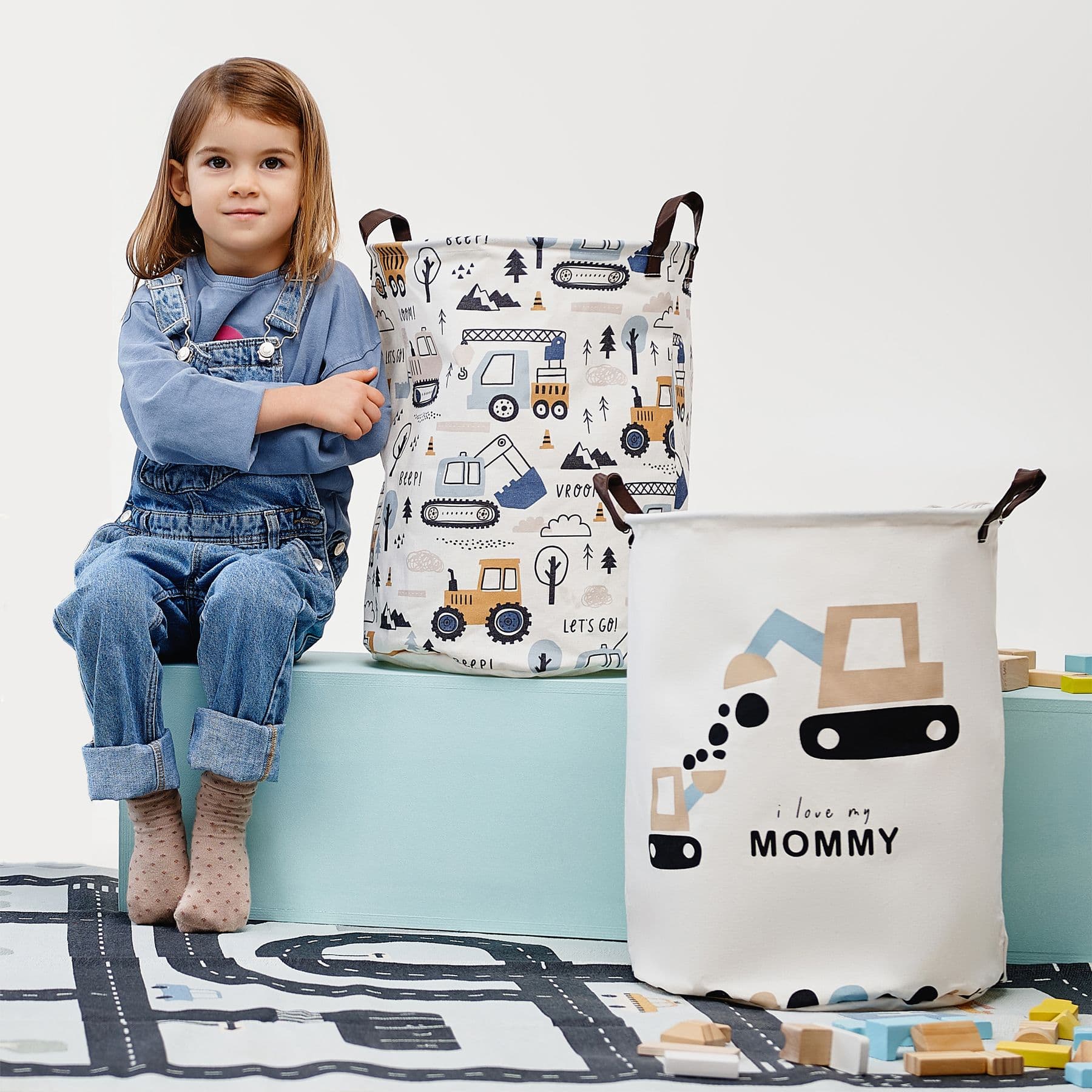 SIPO Στρογγυλό Καλάθι Αποθήκευσης Παιχνιδιών Μπουλντόζα (43L)