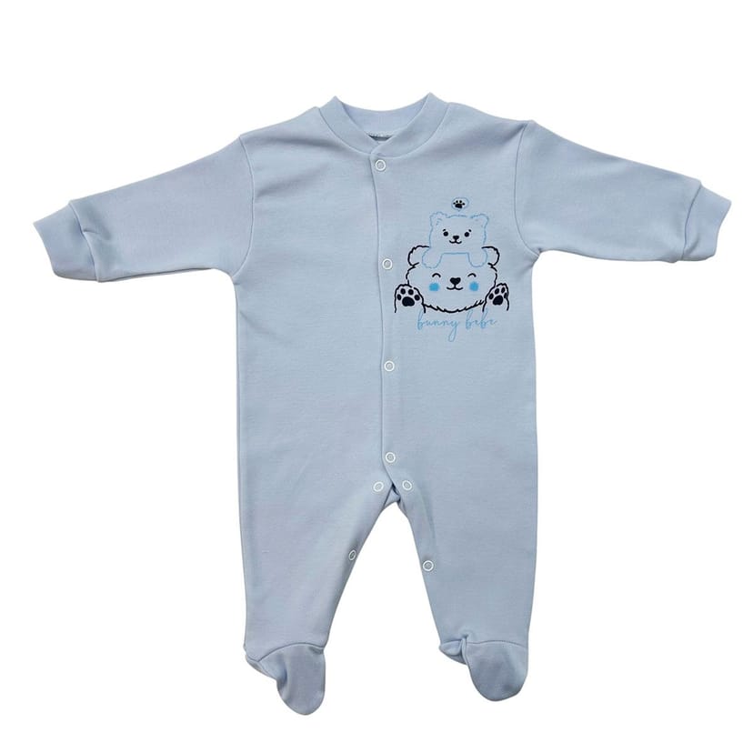 BUNNY BEBE Βρεφικό Βαμβακερό Μακρυμάνικο Φορμάκι Μακό Αρκουδάκια Σιέλ
